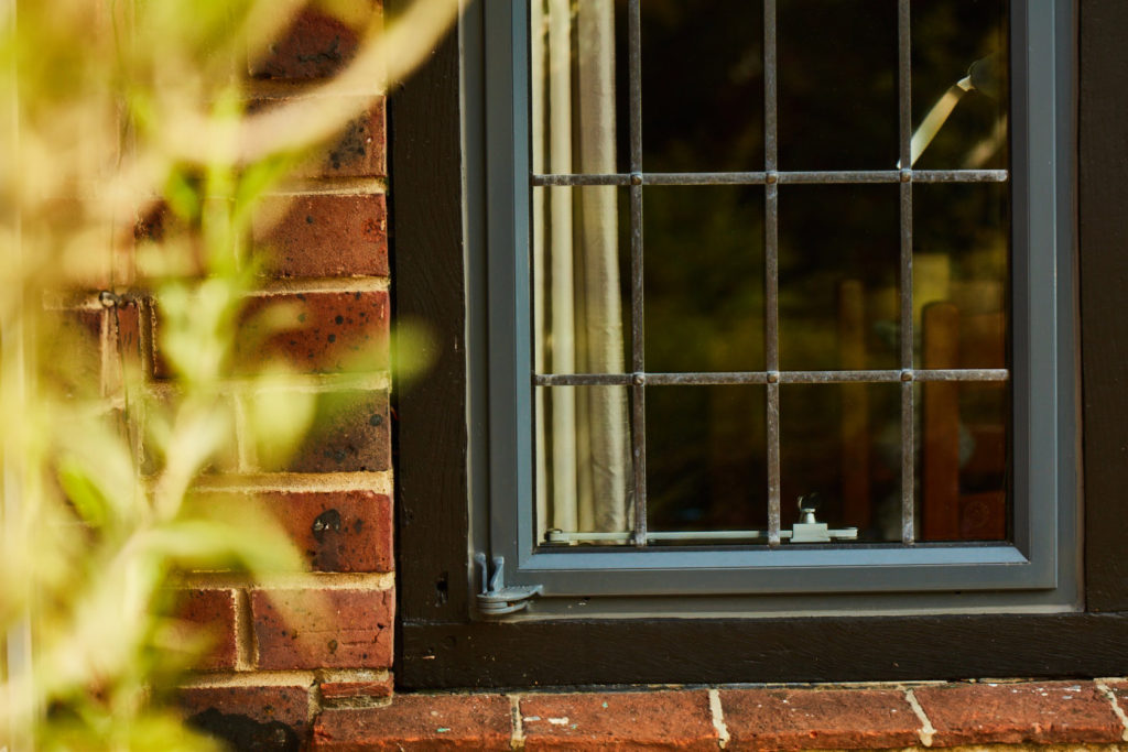 blue metal window frame