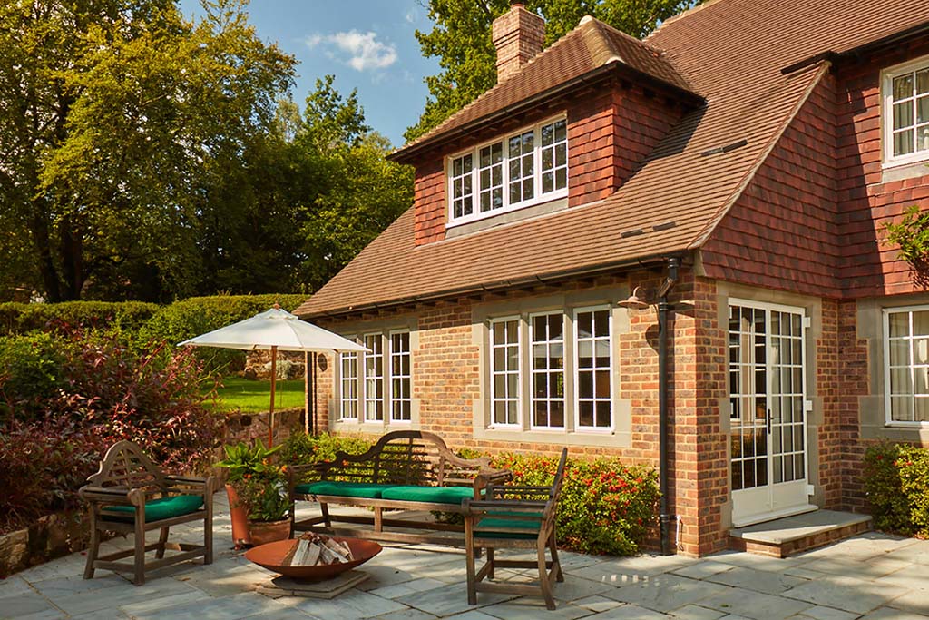 Brick house with metal frame windows and doors